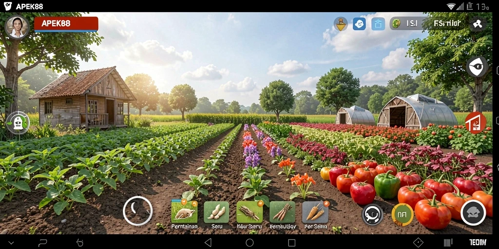 Screenshot gameplay APEK88 menampilkan ladang subur yang dipenuhi tanaman.