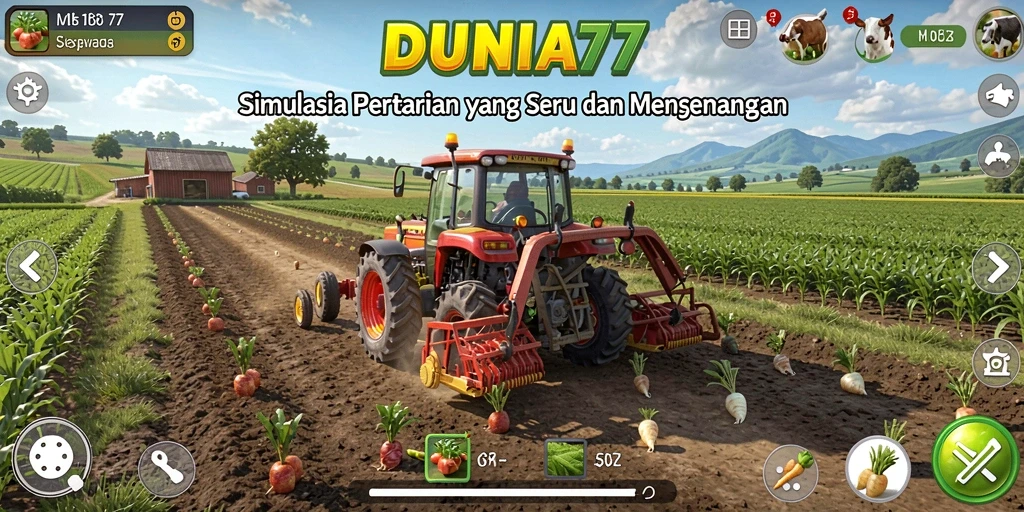 Screenshot DUNIA77 menunjukkan aktivitas bertani yang menyenangkan.