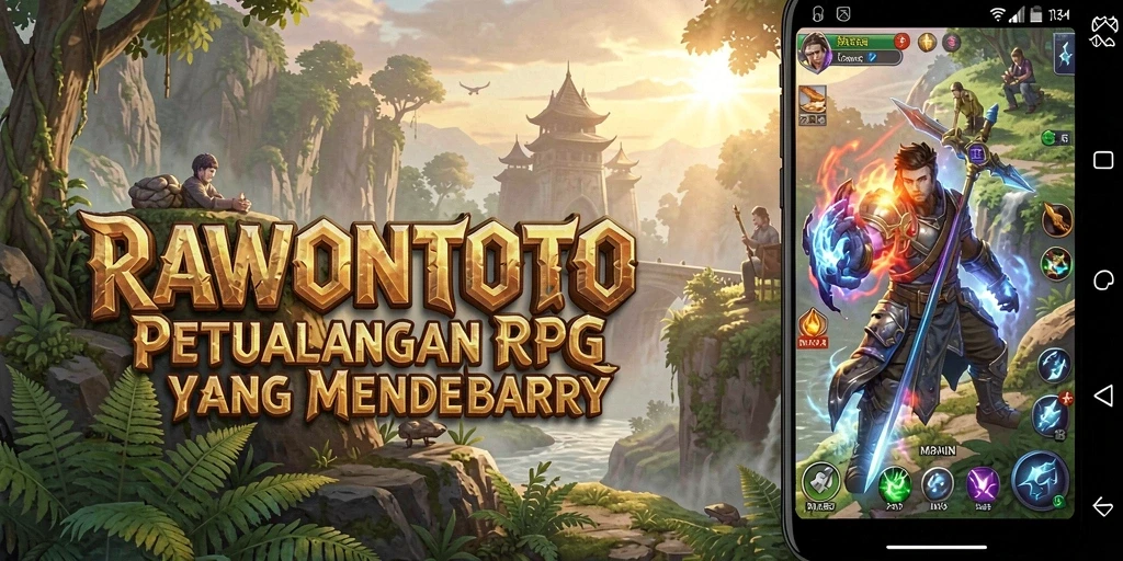 Tampilan screenshot utama RAWONTOTO menunjukkan pertempuran seru dalam petualangan RPG.